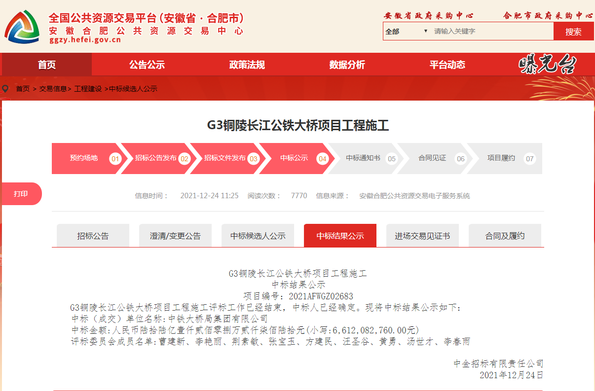 G3铜陵长江公铁大桥工程施工项目中标单位公布
